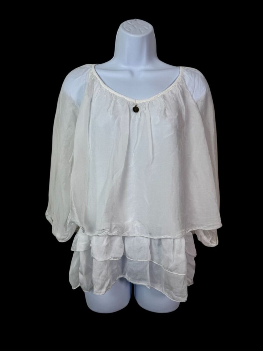 Tempo Paris White Silk Tiered Blouse Small Italy Lightweight Flowy Long Sleeve